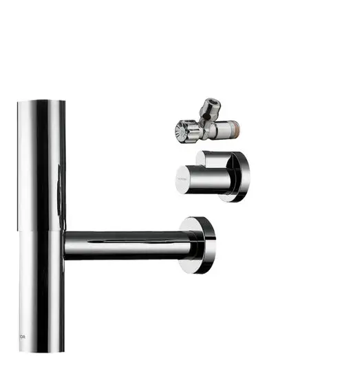 Chromfarbener Siphon mit Wandmontage, bestehend aus einem Hauptrohr und einem Anschluss, hergestellt von Hansgrohe.
